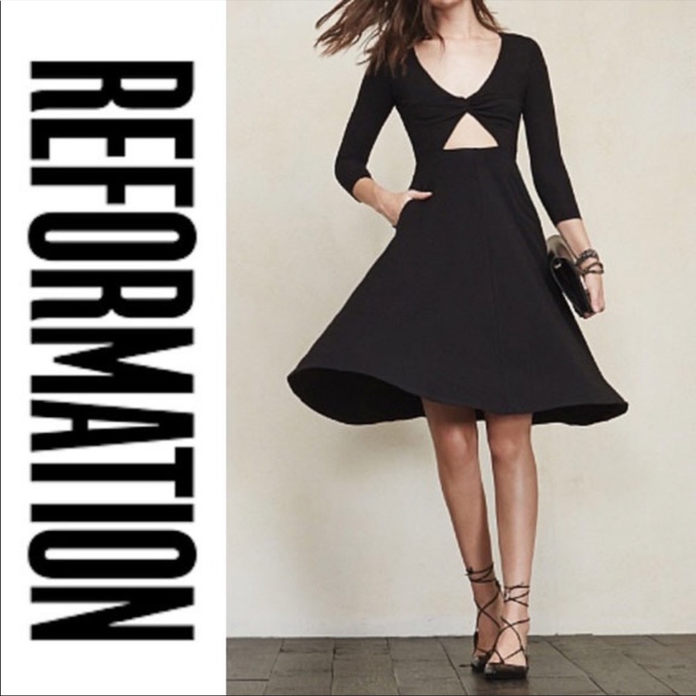 Reformation Mora Black Cutout Twist Front Knee Length Dress Medium